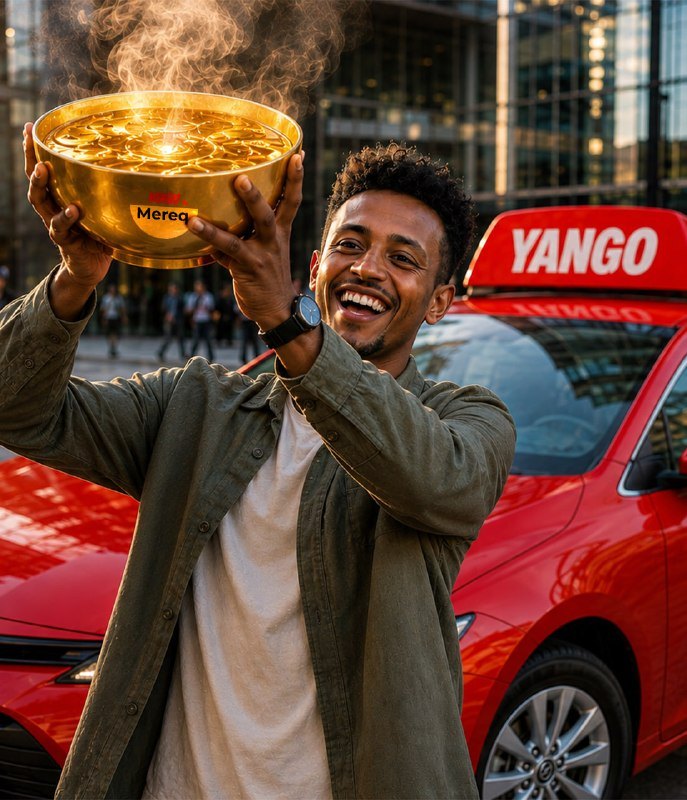 Smiling Yango by Mereq driver lifting a golden Genna mereq prize bowl beside a branded red Yango car in Addis Ababa